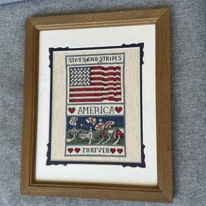 Vintage Cross Stitch Framed Matted Patriotic USA Stars and Stripes Farmhouse